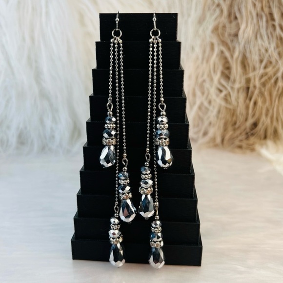 Long, silvery gray reflective, weighted bead fringe dangle pierced earrings